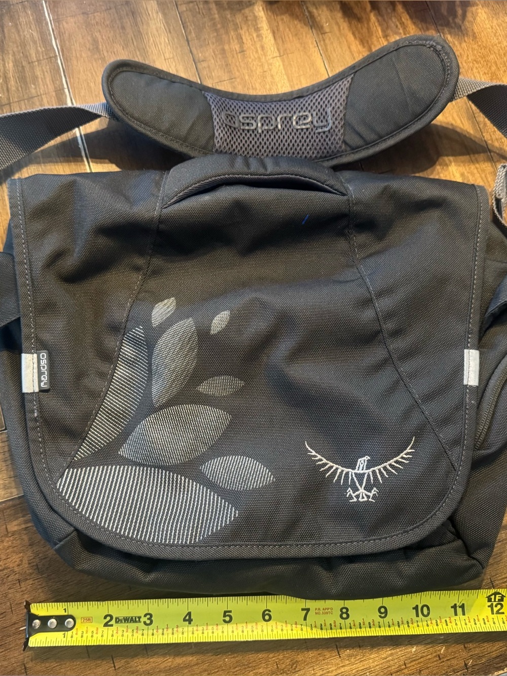 OSPREY Black Messenger Bag with Leaf Motif
